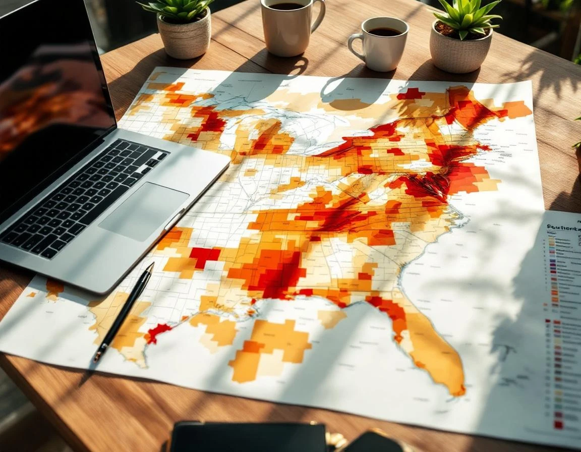 Desk workspace with color-coded regional map and research materials for pest control seasonal planning