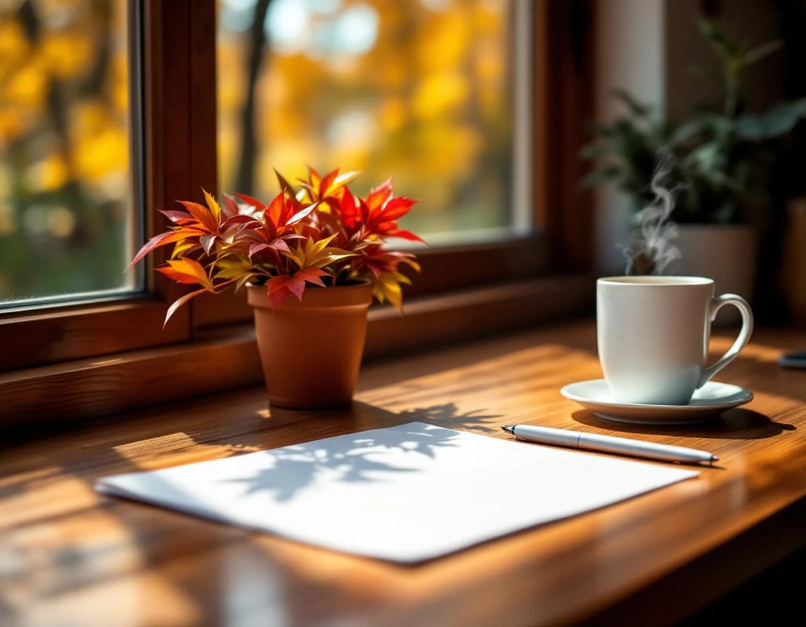 Organized wooden desk with autumn foliage, blank papers, pen, and coffee mug in natural window light