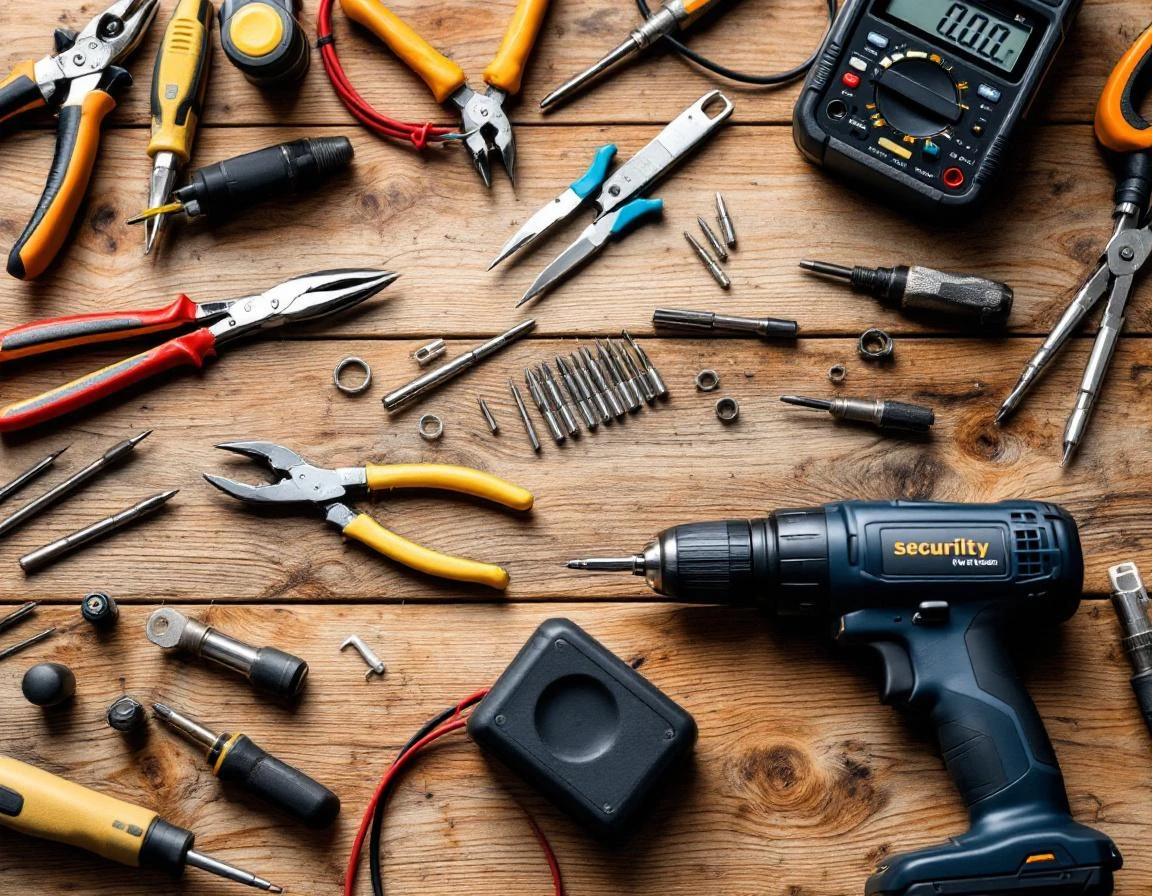 Professional security installation tools arranged on weathered wooden workbench showing technical expertise