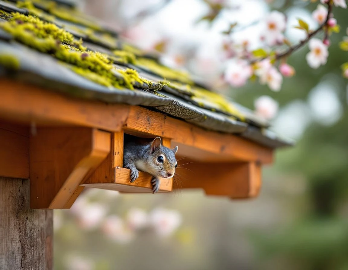 Gray squirrel emerging from roof soffit gap on craftsman home during spring nesting season