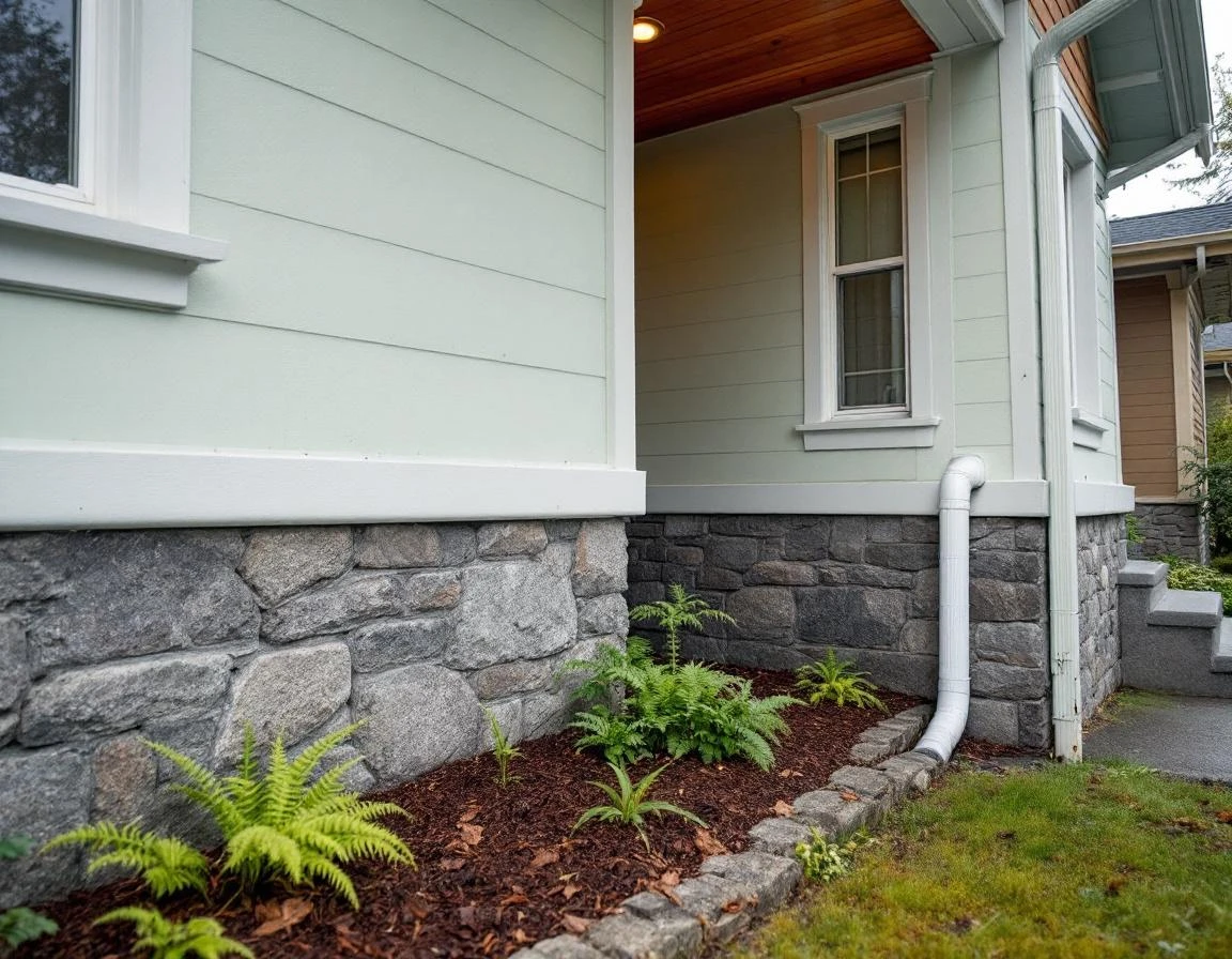 Craftsman home foundation with clean gutters and proper drainage grading after spring maintenance tasks
