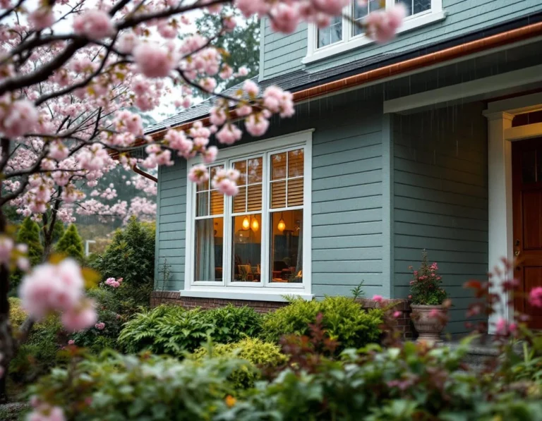 Craftsman home exterior with white-trimmed windows and fresh caulking on overcast spring morning in Portland