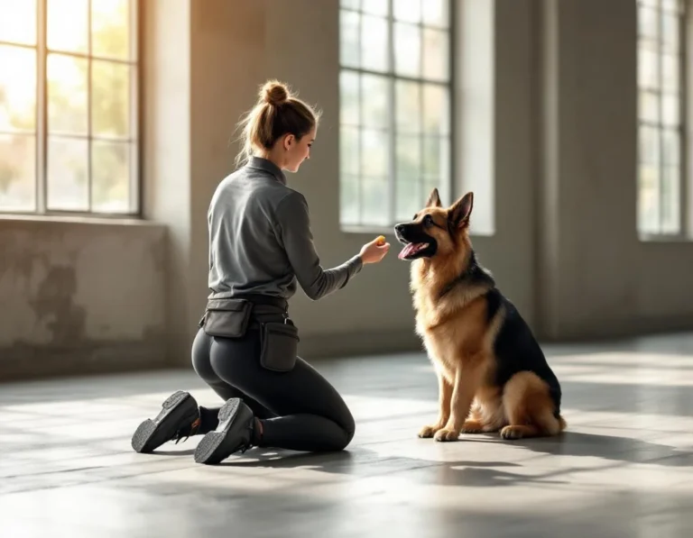 Professional dog trainer demonstrating positive reinforcement technique with German Shepherd in naturally-lit training space