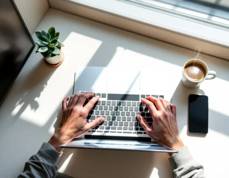 Professional workspace with hands typing, natural lighting, plants and coffee mug on clean desk surface