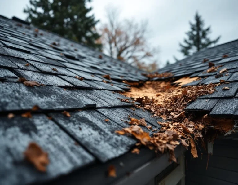 Wind-damaged asphalt shingles with missing sections, debris accumulation, and water staining after storm