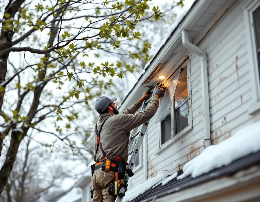 Pest control technician installing exclusion screening on damaged roof soffit during spring wildlife prevention season