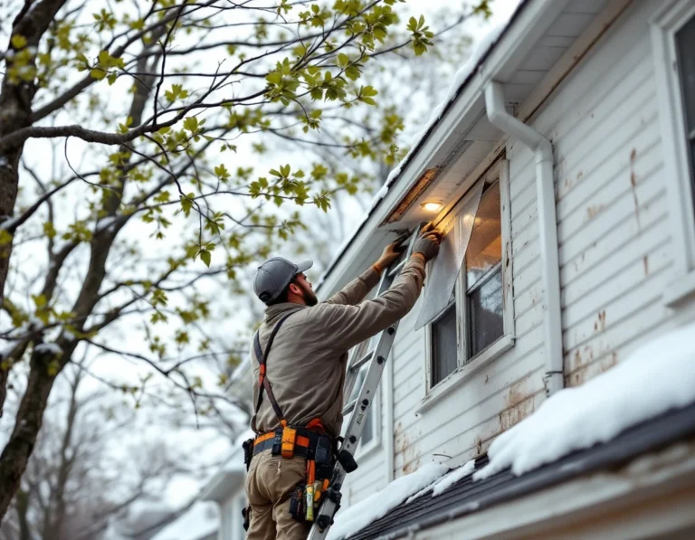 Pest control technician installing exclusion screening on damaged roof soffit during spring wildlife prevention season