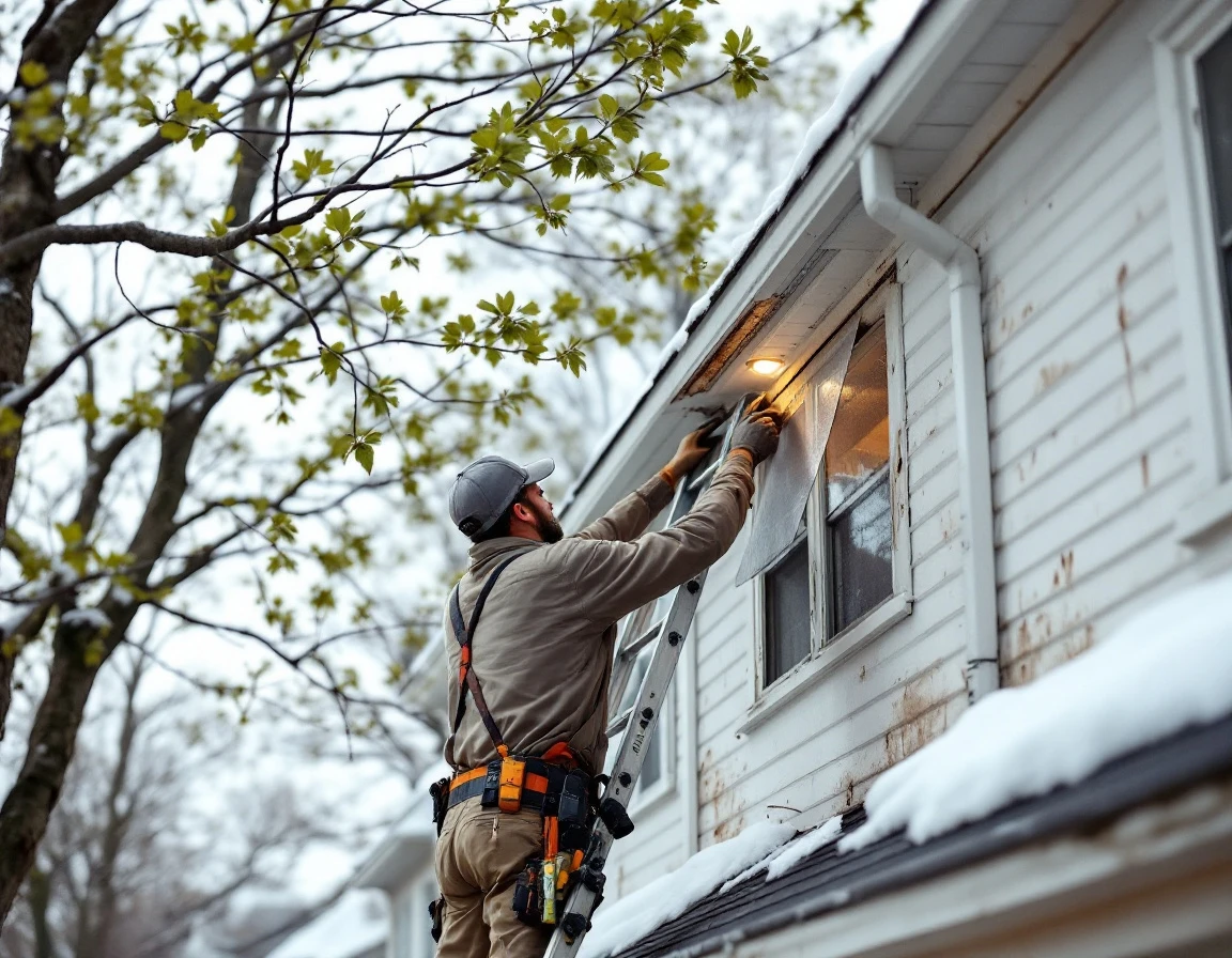 Pest control technician installing exclusion screening on damaged roof soffit during spring wildlife prevention season