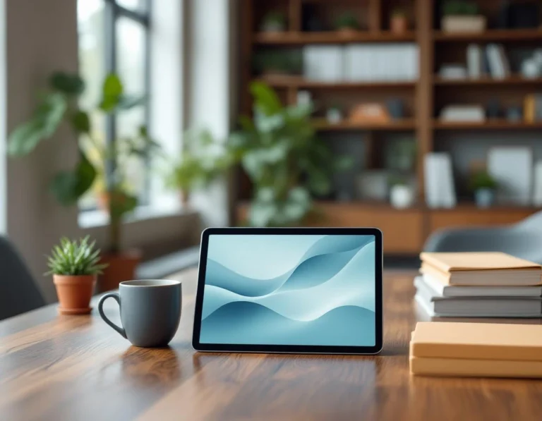 Modern accounting workspace with tablet and organized materials in natural morning light