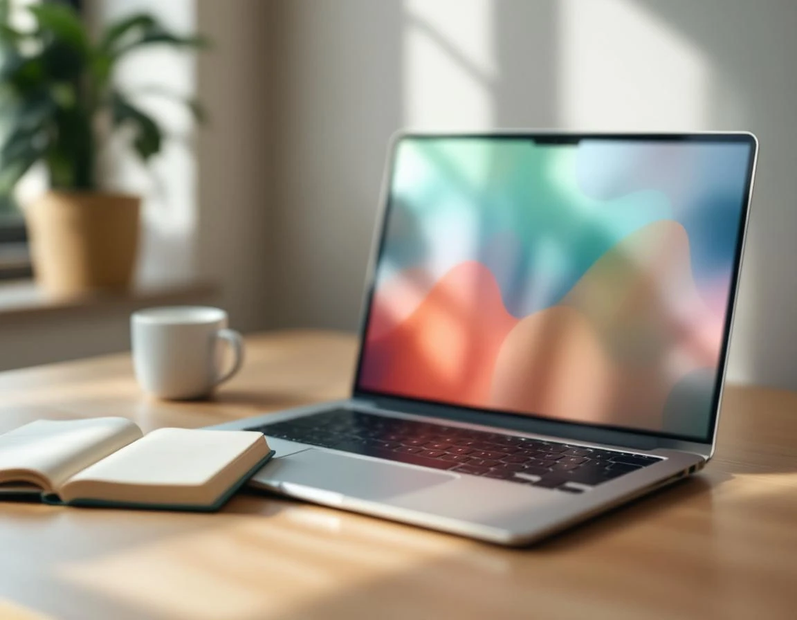 Modern workspace with laptop displaying abstract data visualizations and coffee mug on wooden desk