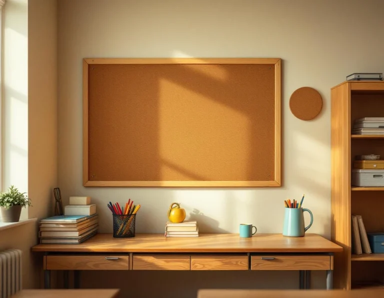 Clean classroom workspace with cork board and organized educational supplies on wooden shelving