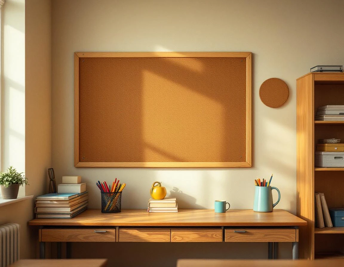 Clean classroom workspace with cork board and organized educational supplies on wooden shelving