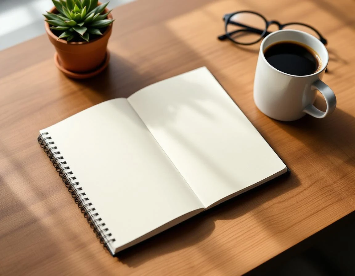 Minimalist workspace with blank notebook, coffee, glasses, and succulent on wooden desk