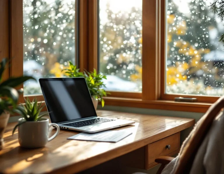 Peaceful home office workspace with natural light and warm wood tones suggesting caregiver wellness environment