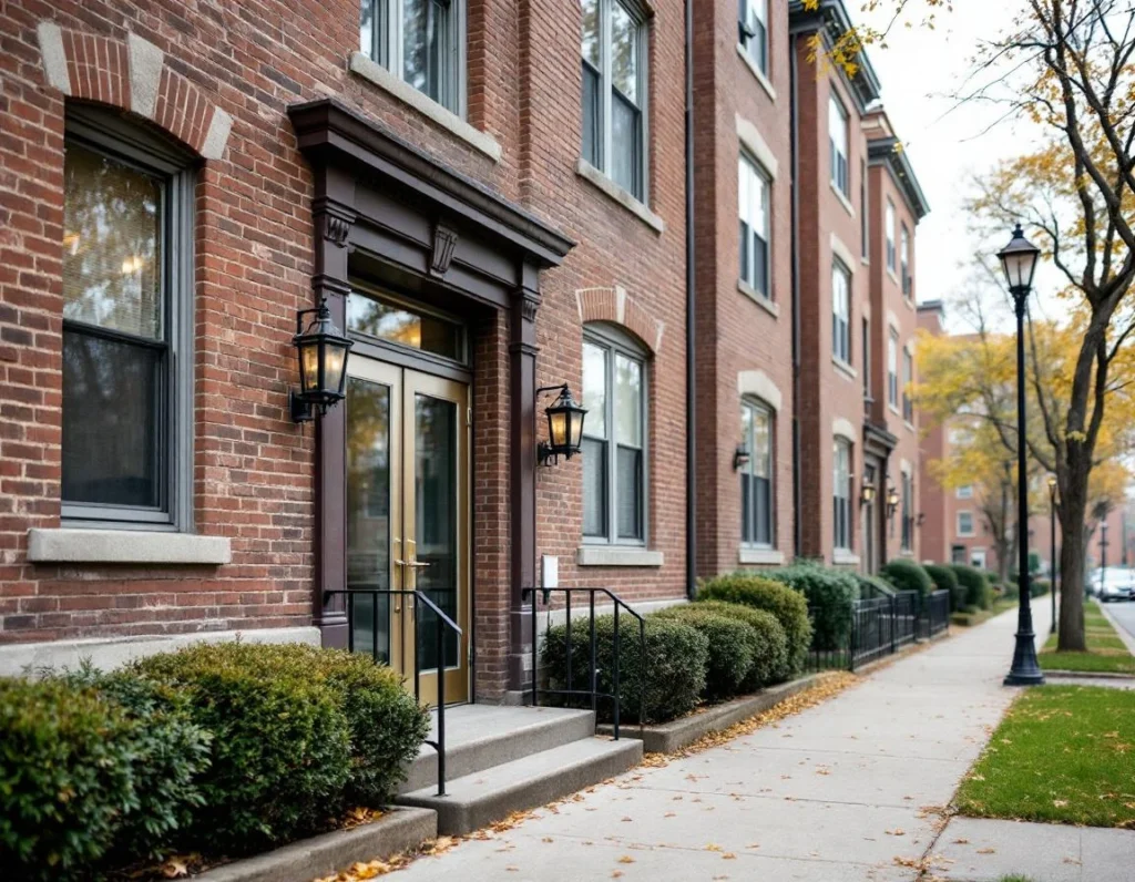 Well-maintained apartment building entrance with professional landscaping showing active property management