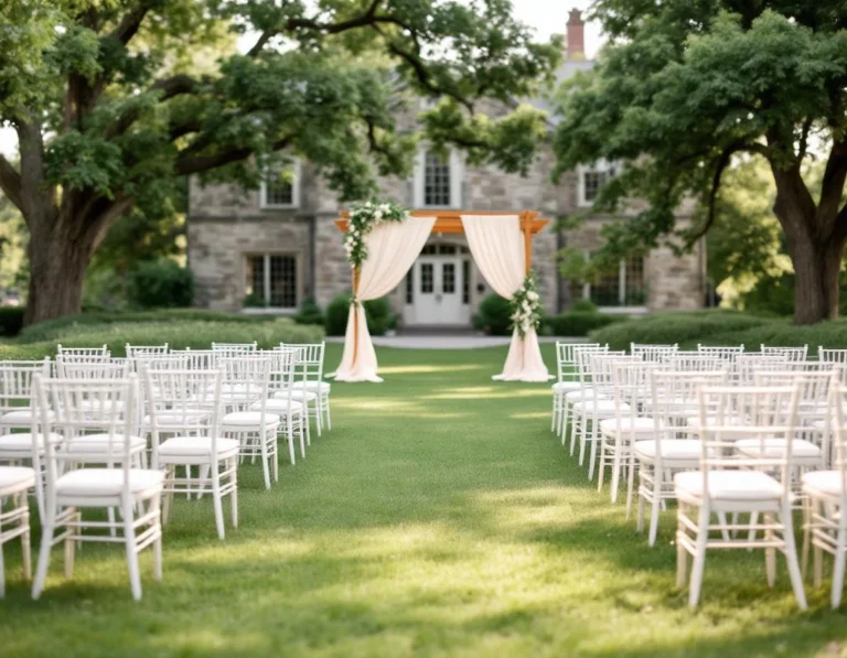 Outdoor wedding ceremony setup with white chairs and wooden arbor facing historic stone manor venue