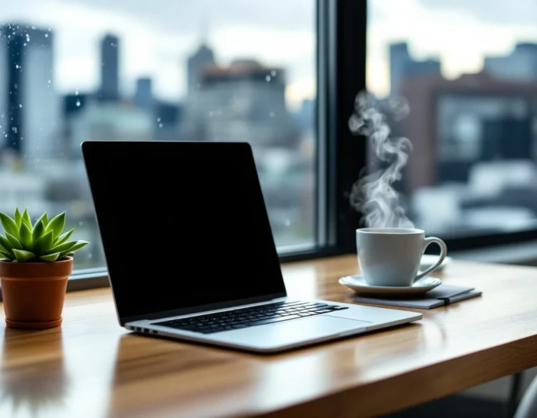 Professional workspace with laptop and coffee showing maintenance planning workflow environment