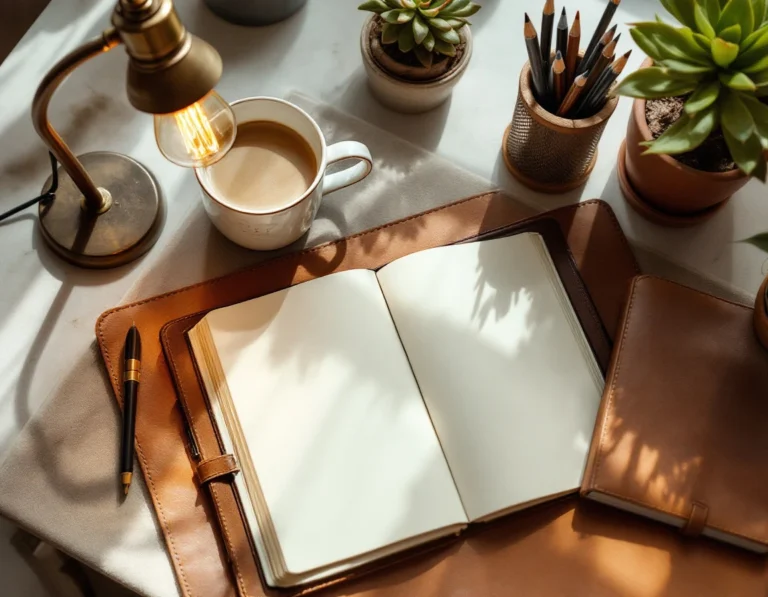 Home office workspace with journal, coffee, and desk lamp showing professional content creation environment