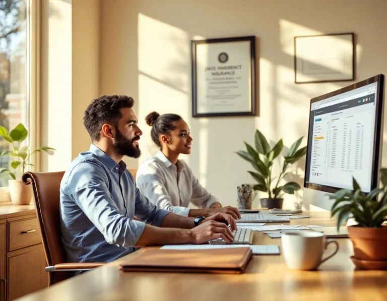 Two insurance professionals collaborating at computer workstation reviewing client data in modern office setting