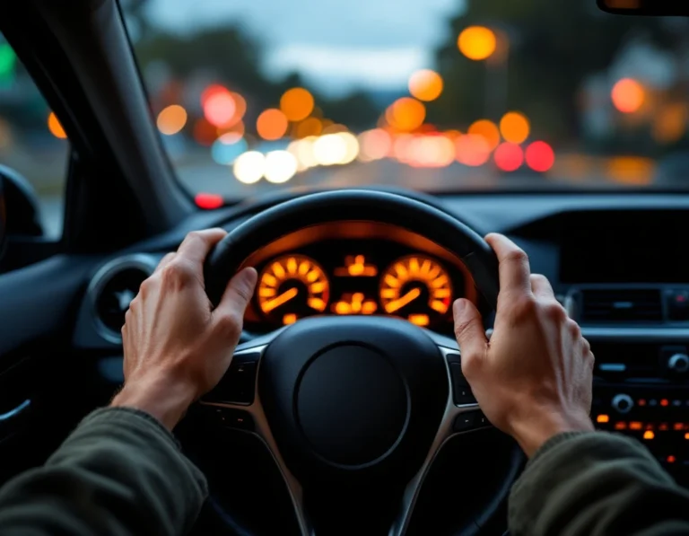 Driver's hands on steering wheel with dashboard warning lights glowing during evening drive