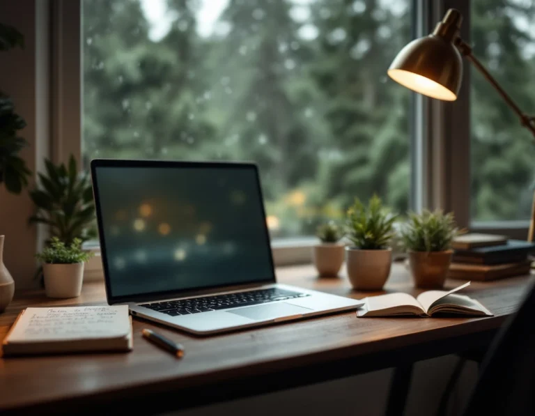 Minimalist workspace with laptop showing blurred screen, emphasizing focused research environment