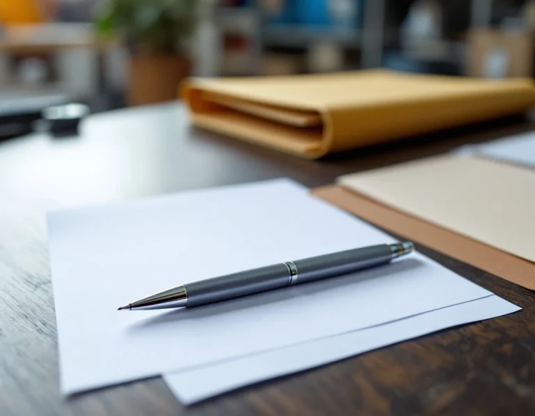 Insurance claim paperwork and pen on auto body shop office desk with natural lighting