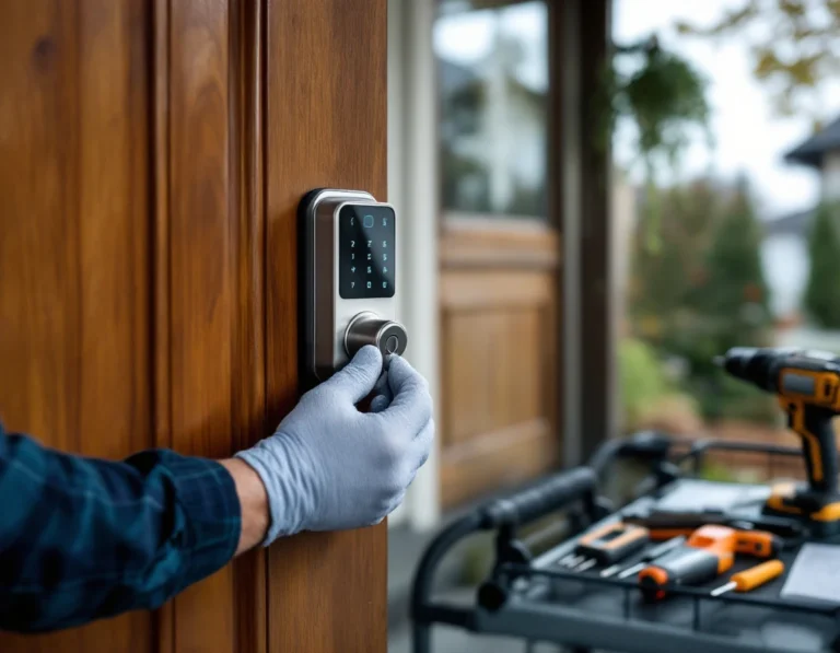 Professional installation of smart lock system on craftsman home entrance with specialized locksmith tools