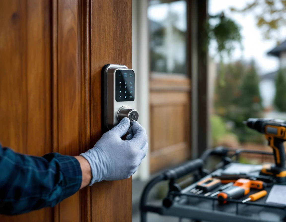 Professional installation of smart lock system on craftsman home entrance with specialized locksmith tools