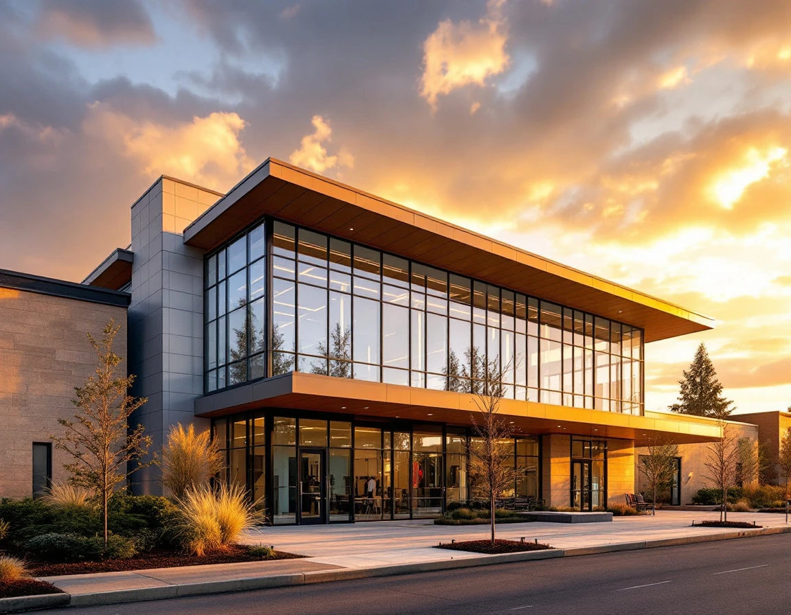 Modern recreation center exterior with glass facade and landscaping at golden hour