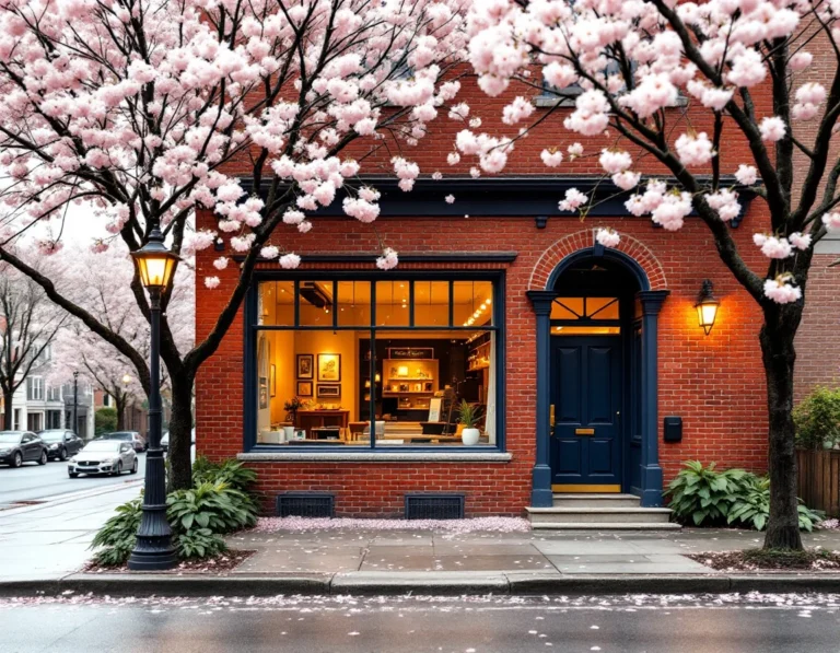 Brick real estate office with spring cherry blossoms on a residential street during peak buying season