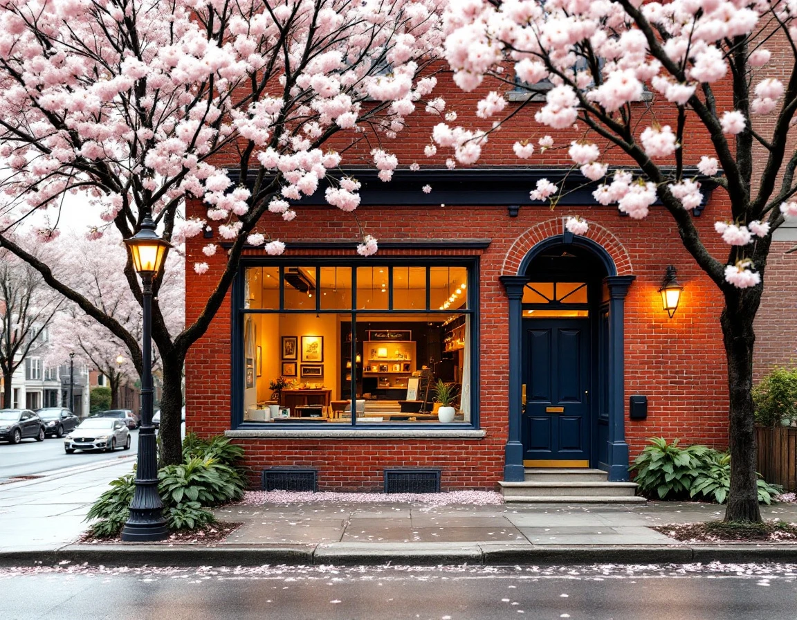 Brick real estate office with spring cherry blossoms on a residential street during peak buying season