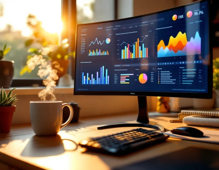 Home office workspace with monitor displaying colorful data analytics charts and graphs in morning light