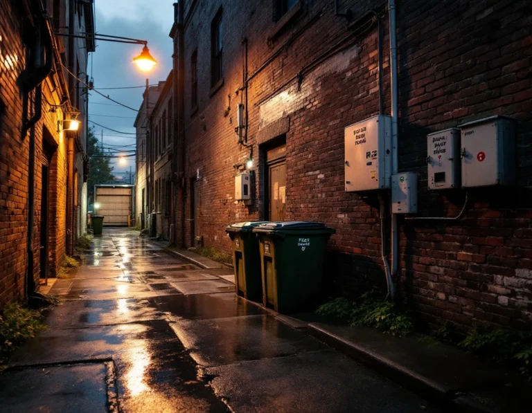 Wet alley at dusk near food service facility showing pest monitoring equipment and loading dock area