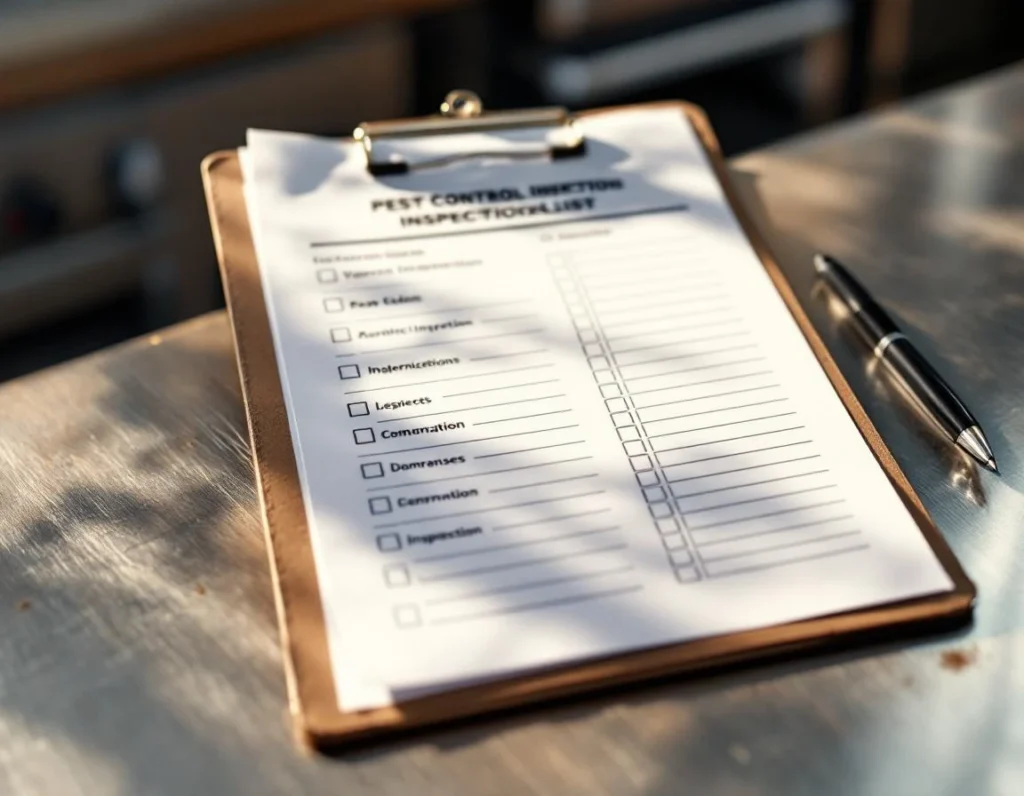 Commercial pest control inspection forms on clipboard with pen on stainless steel prep surface
