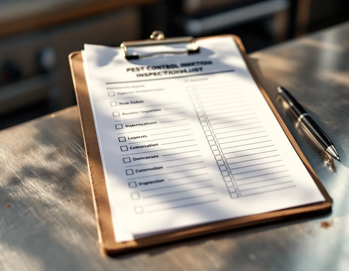 Commercial pest control inspection forms on clipboard with pen on stainless steel prep surface