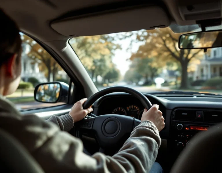 Teen driver practicing proper hand position on residential street lined with autumn trees