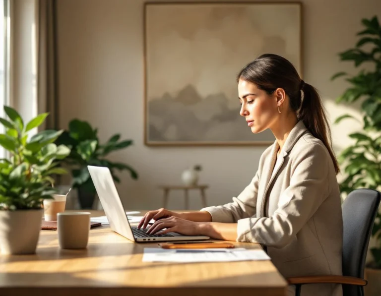 Property manager reviewing rental portfolio documents at home office desk with natural window lighting