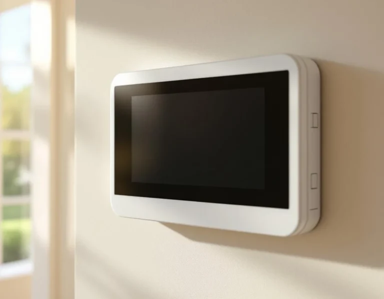 Home security control panel and wireless sensors installed on interior wall with dark display screen