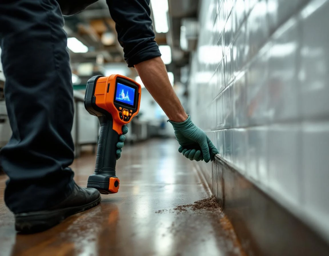 Thermal imaging camera inspection of commercial kitchen baseboards during pest control documentation