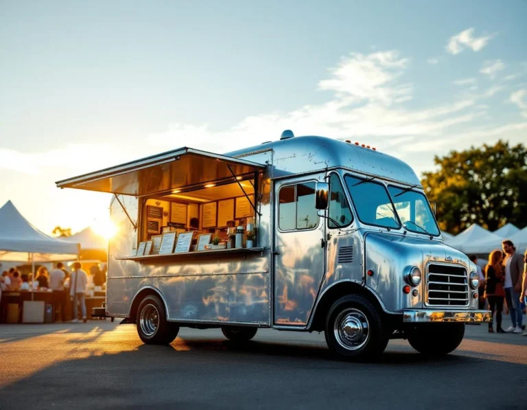 Food truck at farmers market during golden hour with weathered metal finish and natural lighting