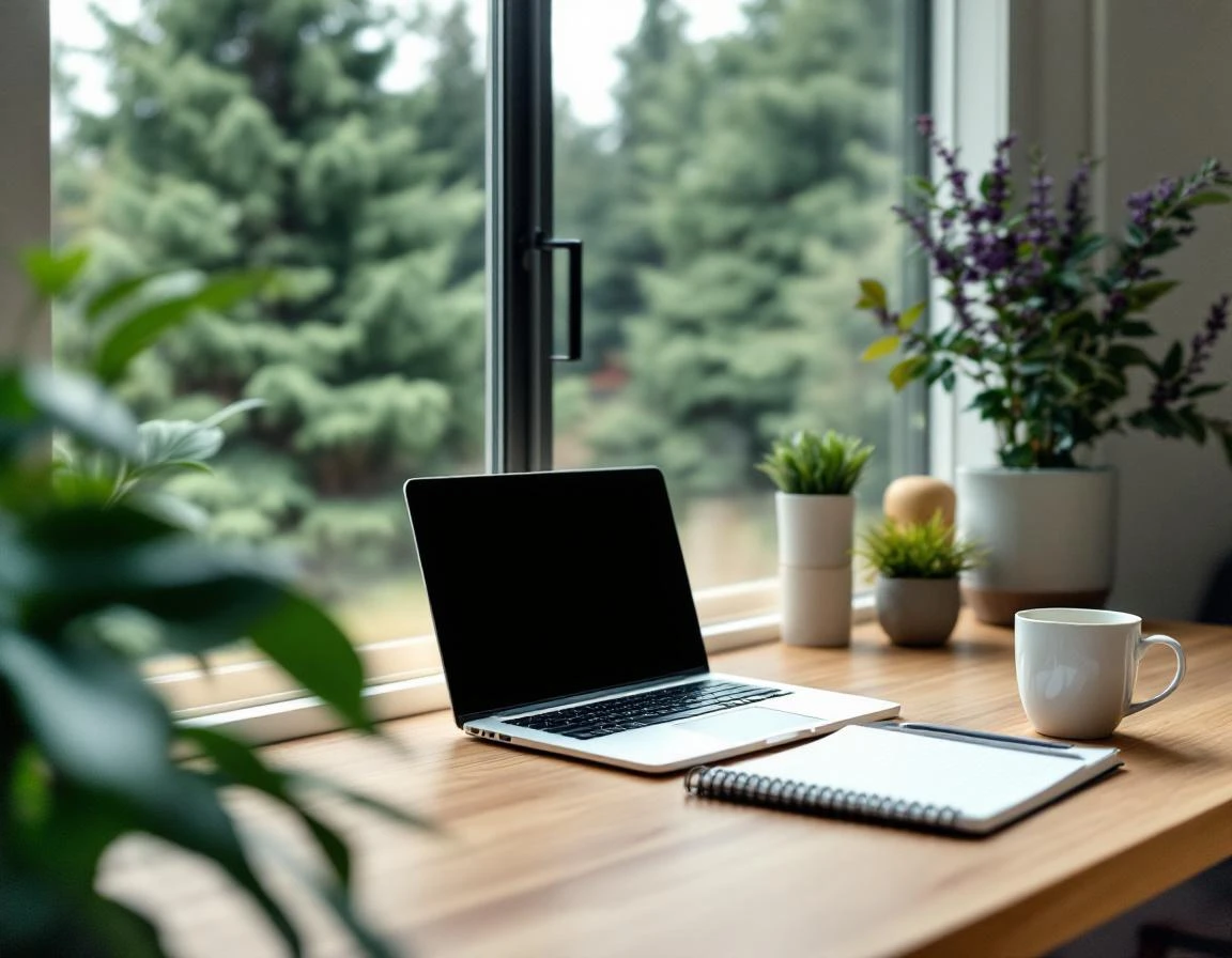 Organized home office workspace with laptop and notebook near window showing evergreen trees outside