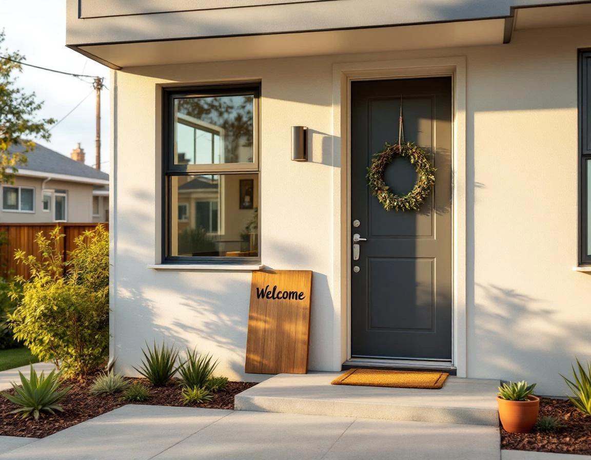 Welcoming townhouse entrance with potted plants and doormat prepared for new tenant arrival