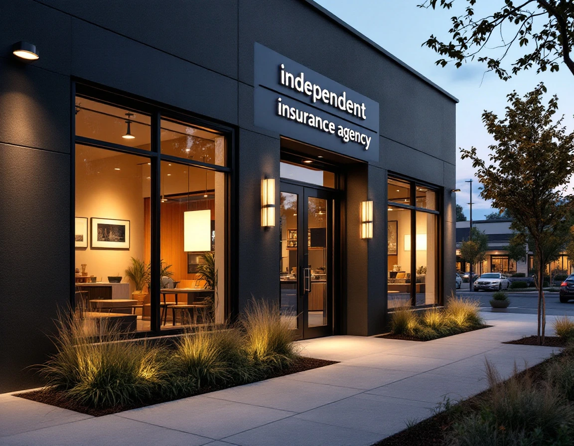 Modern independent insurance agency office exterior with clean lines and professional landscaping at dusk