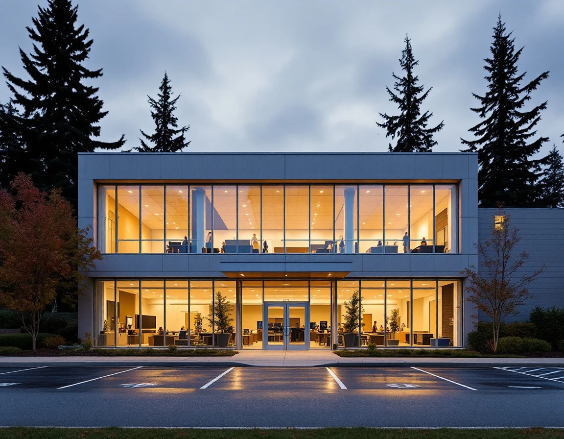 Modern sports facility exterior at dusk with glass windows revealing indoor courts and activity spaces