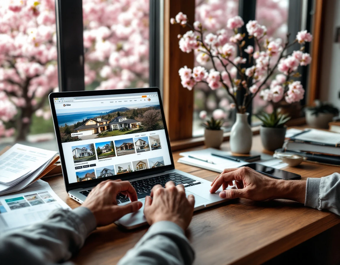 Real estate agent's hands on laptop with property listings, spring cherry blossoms visible through office window