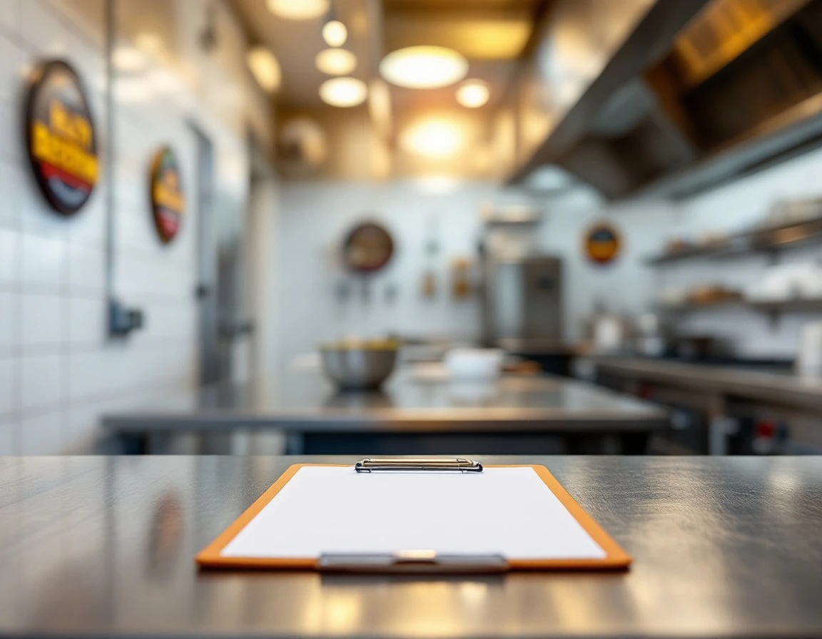Commercial kitchen stainless steel surfaces with health compliance badges and inspection-ready food prep area