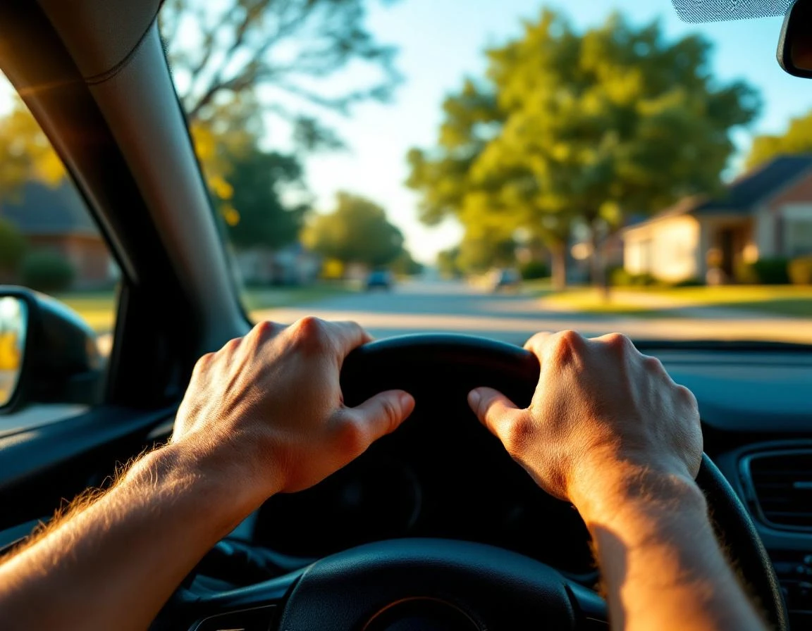 Teen driver's hands properly positioned on steering wheel in residential neighborhood setting
