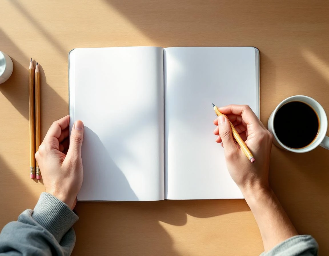 Overhead view of blank notebook, coffee, and pencils on wooden desk suggesting strategic content planning workspace