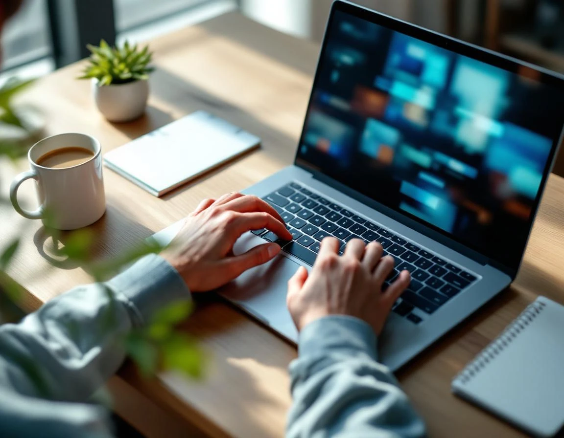 Overhead view of hands typing on laptop with blurred screen, coffee mug and plants on wooden desk