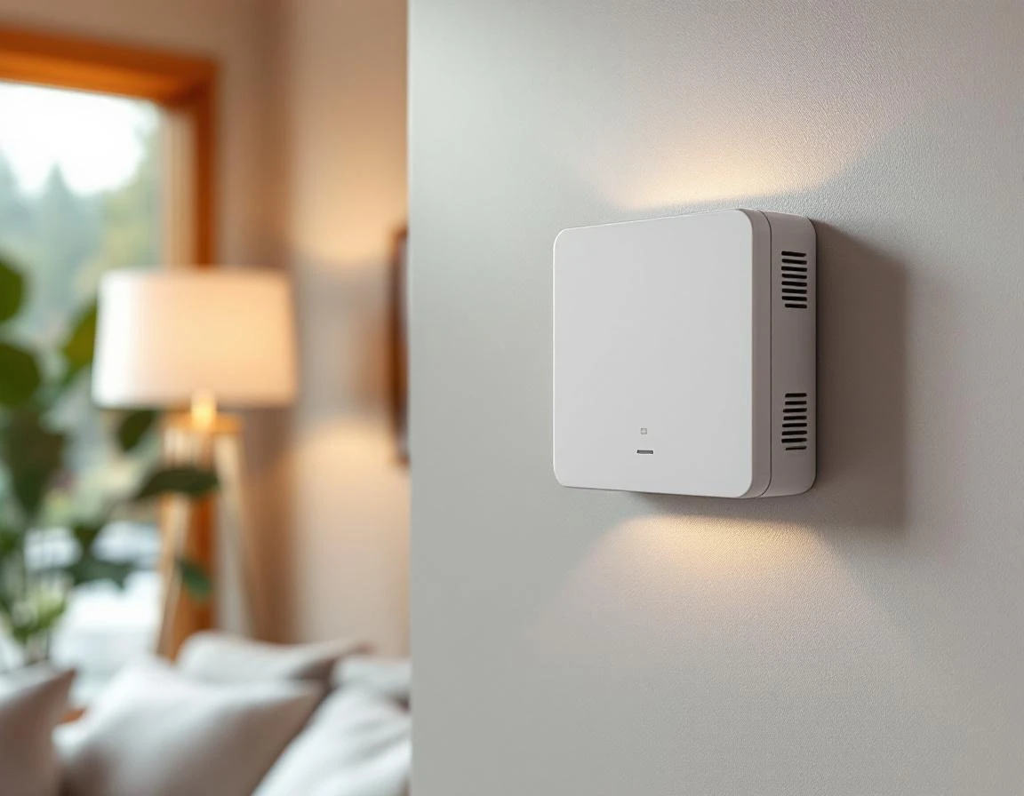 Smart home control panel hardware mounted on interior wall without visible interface display